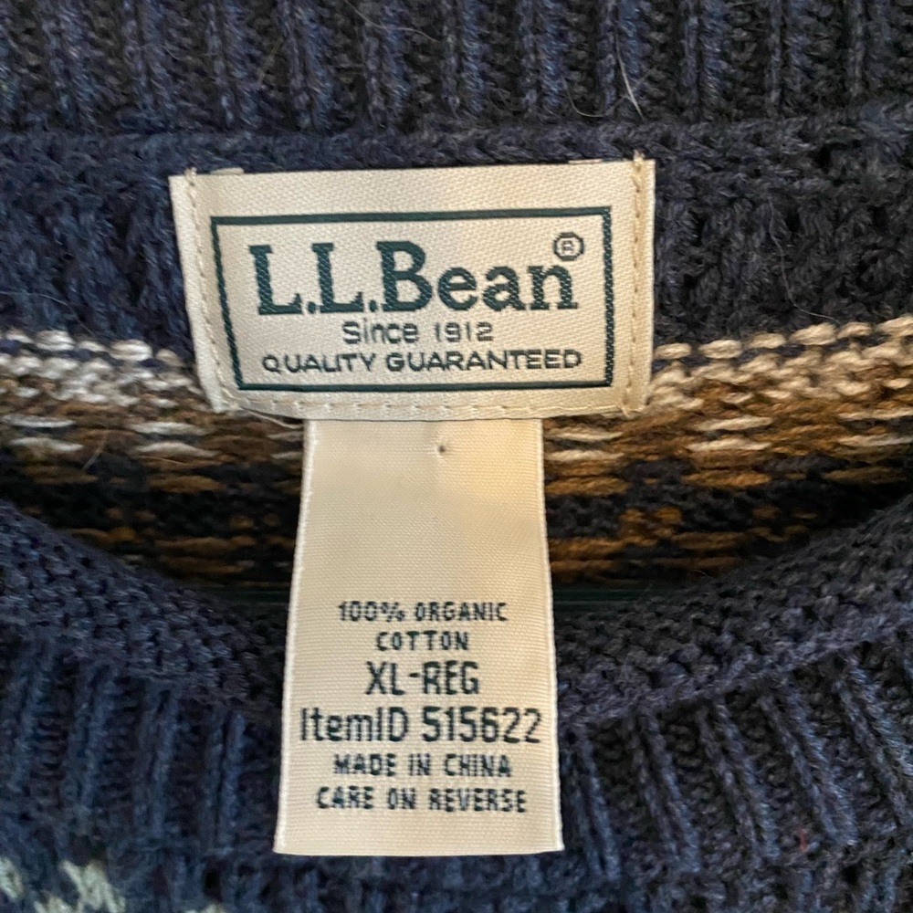 L.L. Bean Men's Organic Cotton Roll Neck Navy and Yellow Patterned Sweater - Picture 6 of 9